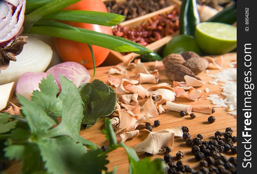 Fresh grains and spices with vegetables