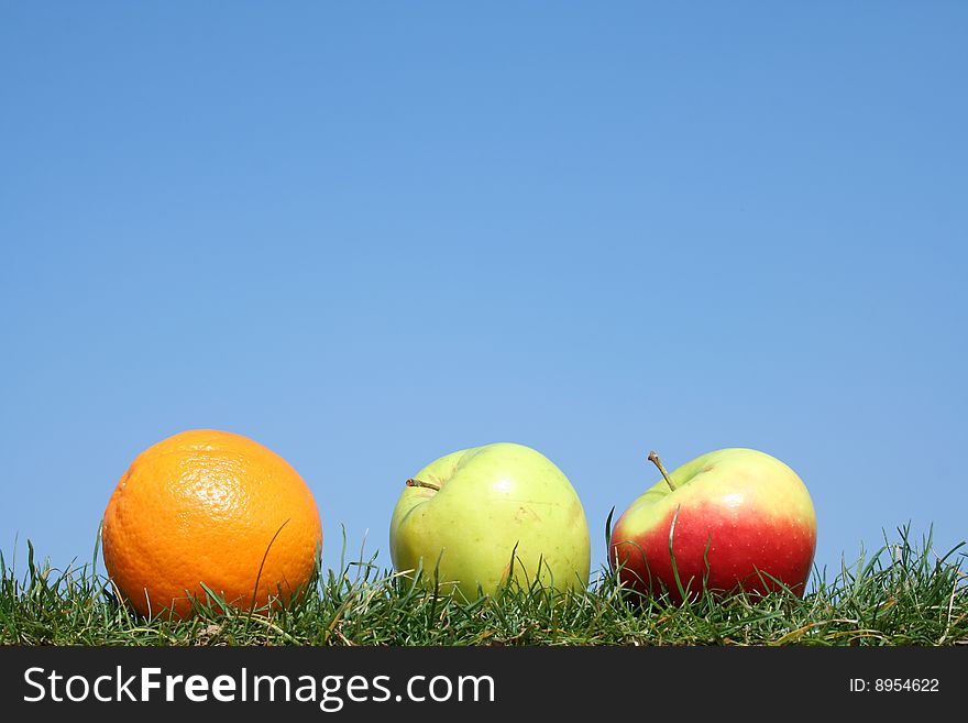 Orange and apples in grass