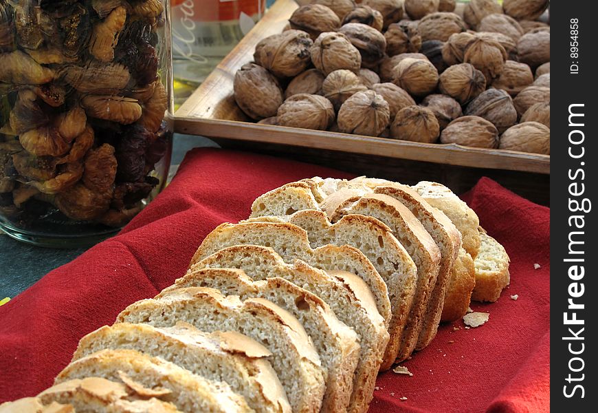 Bread slices and dried fruit. Bread slices and dried fruit