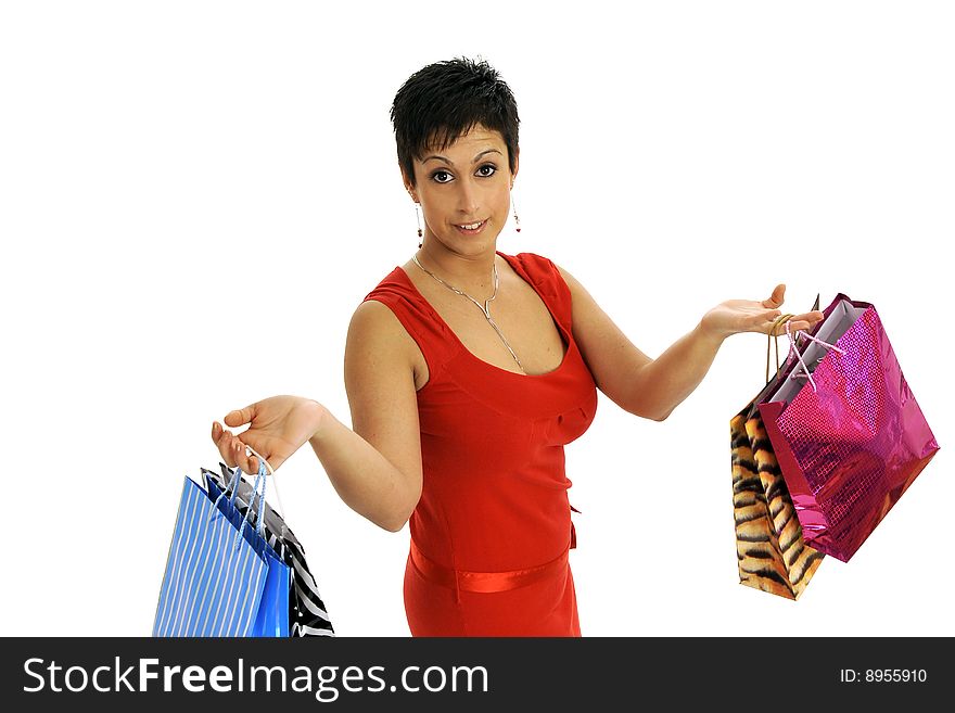 Half body view of young attractive woman doing shopping with lots of shopping bags. Isolated on white background. Half body view of young attractive woman doing shopping with lots of shopping bags. Isolated on white background.