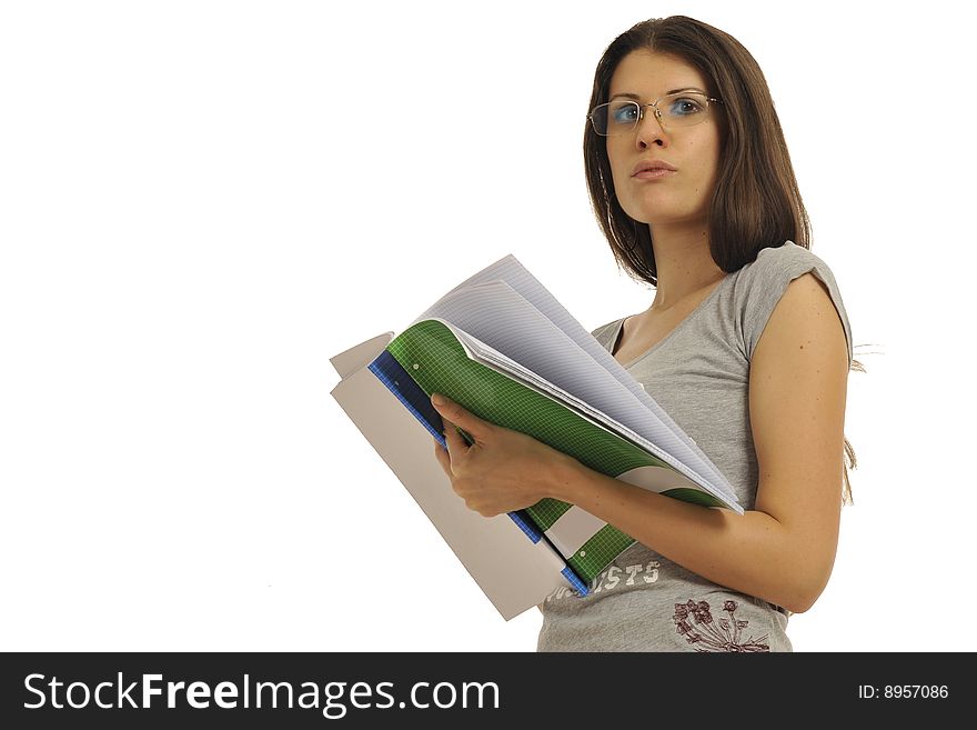Half body view of college student in casual wear, holding exercise books. Isolated on white background.