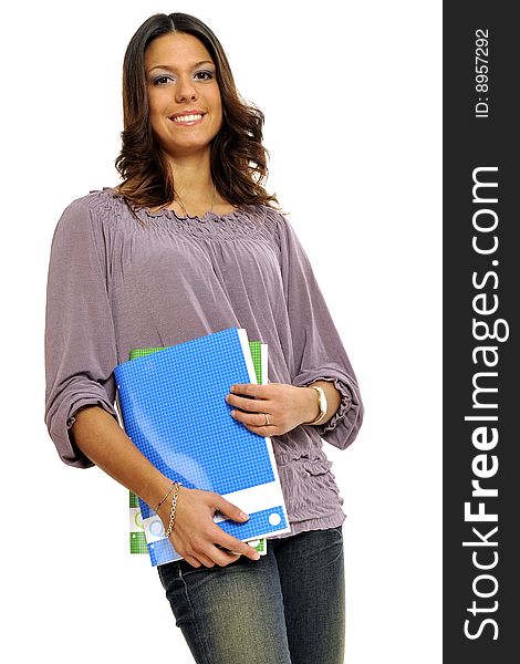 Half body view of college student or young teacher in casual wear, holding exercise books. Isolated on white background.