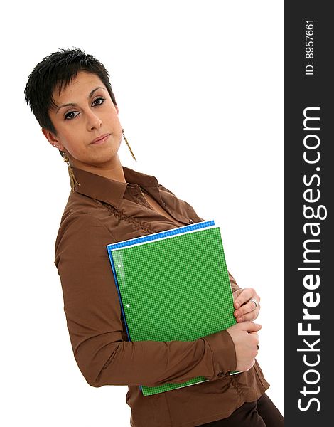 Half body view of college student in casual wear, holding exercise books. Isolated on white background.