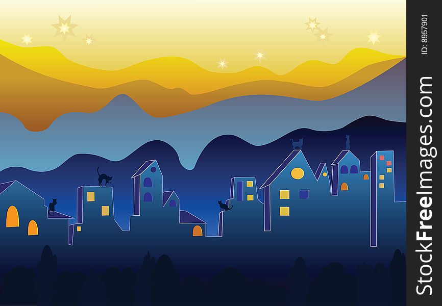 Illustration of several cats on the night roofs at the city