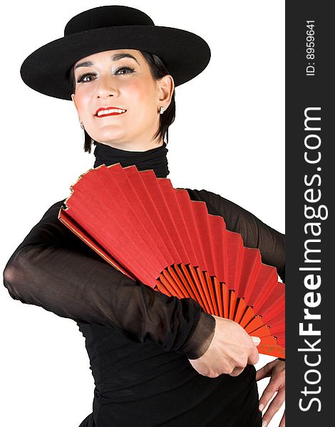 Spanish Dancer in a black costume with hat and accessories