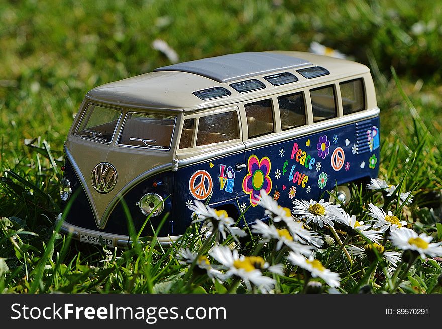 Volkswagen Beige and Blue Van Scale Model Near White Daisy Flower during Daytime