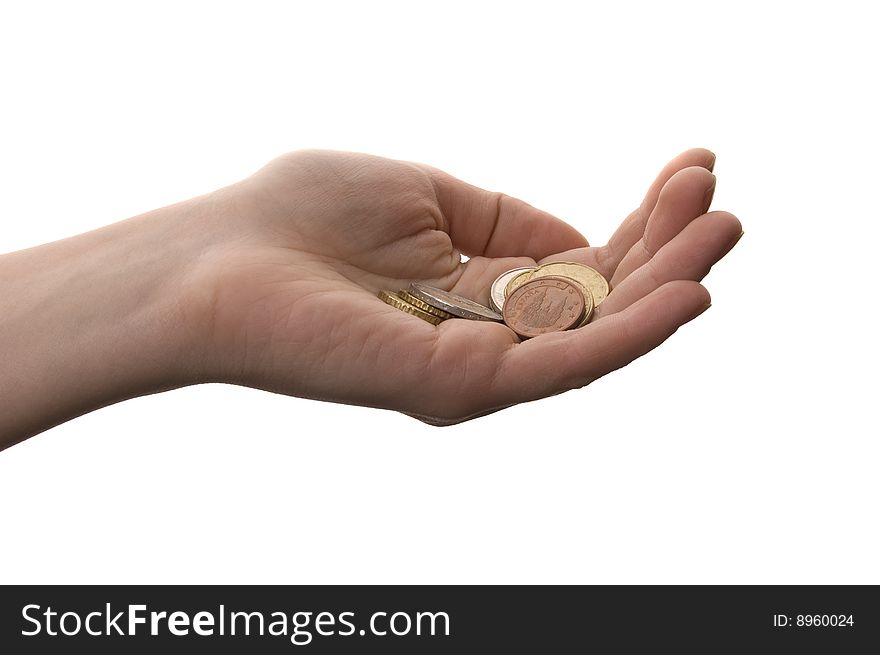 Coins in hand on white