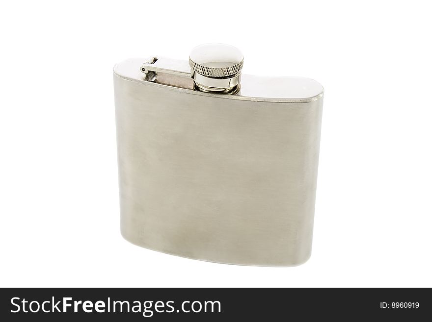 Silver flask of brandy isolated over a white background