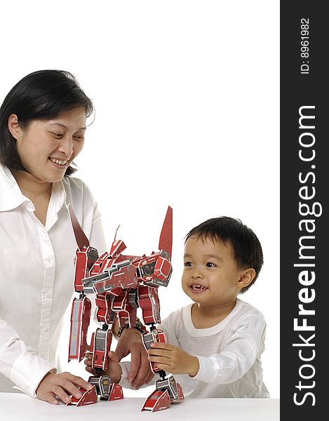 Mother and son play 3d Diy robot. Mother and son play 3d Diy robot