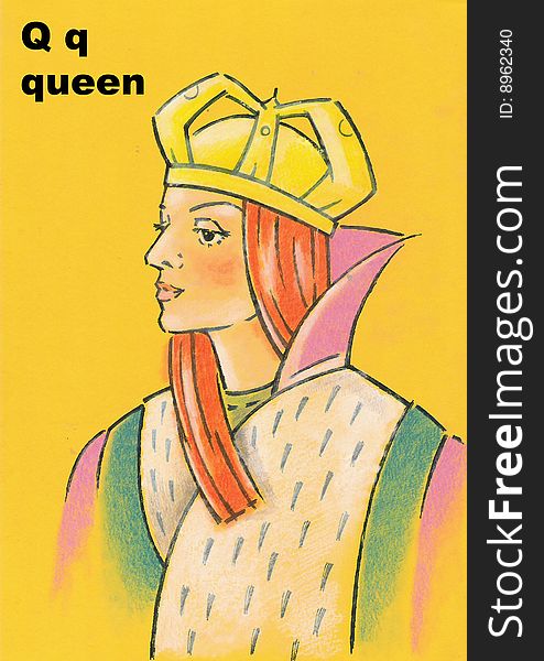 Alphabet for children - q -queen - pastel draw