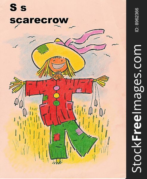 Alphabet for children, s- scarecrow, pastel drawing