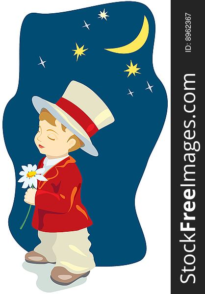 Cartoon retro romantic boy with costume, cylinder and flower under the Moon. Vector illustration. Cartoon retro romantic boy with costume, cylinder and flower under the Moon. Vector illustration