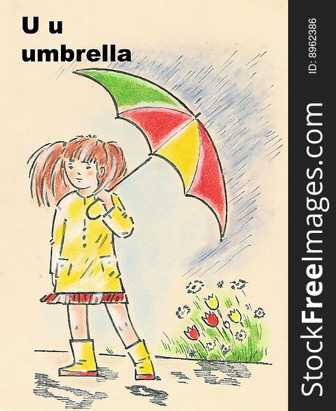 Alphabet for children- u- umbrella - pastel drawing