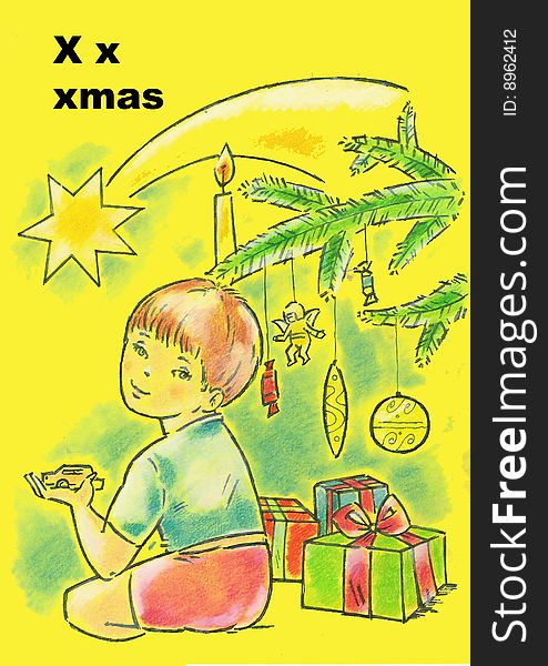 Alphabet for children - x- xmas - pastel drawing