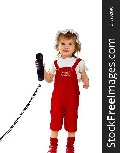 Cute little girl with the black receiver. Cute little girl with the black receiver