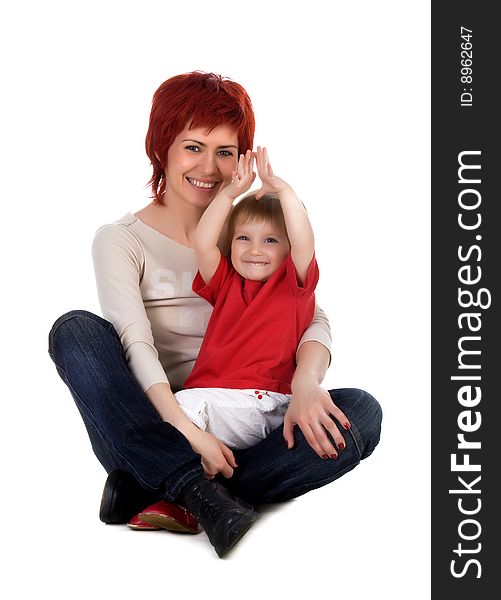 Smiling people. Mother and her daughter. Studio isolated