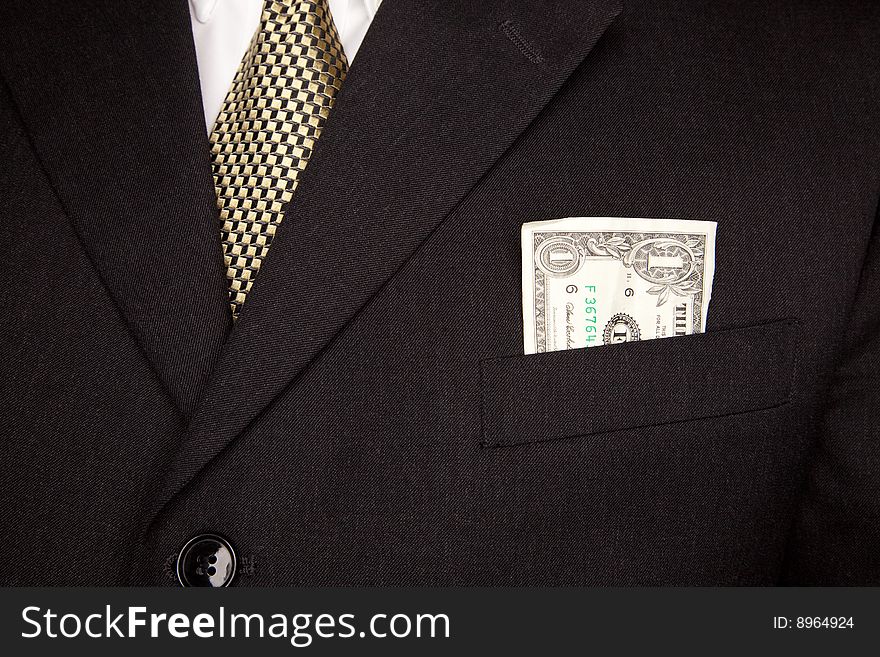 United Stated Dollar Bill in Businessman's Suit Pocket. United Stated Dollar Bill in Businessman's Suit Pocket.