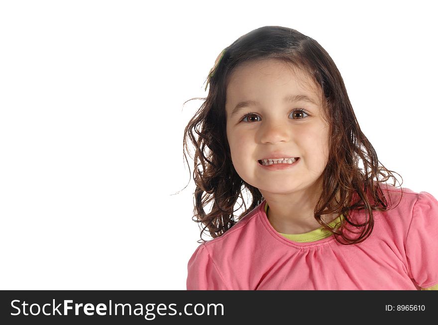 A little girl with a big smile isolated on white background