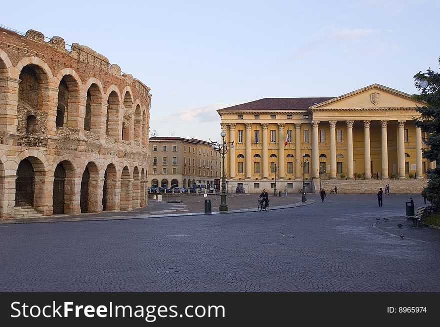 View of Roman Amphitheater and other buuilding front in Northern Italy