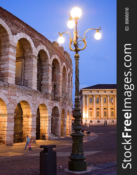 View of Roman Amphitheater with lamp post in Northern Italy