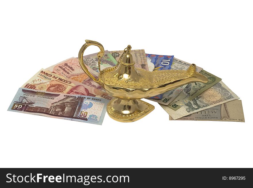 An arabic magic lamp, isolated on white, with loads of money from around the world. An arabic magic lamp, isolated on white, with loads of money from around the world.