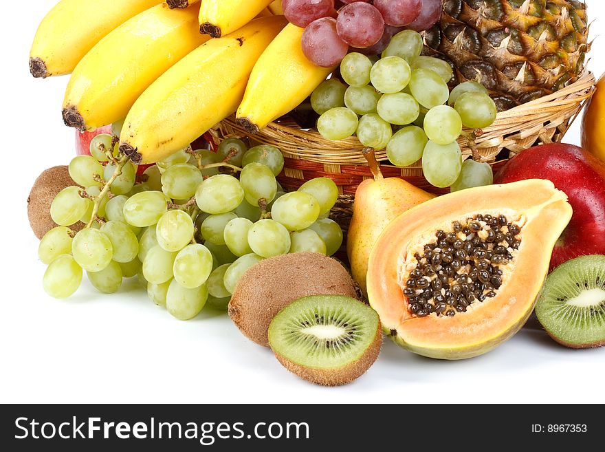 Various fresh fruits on a white background