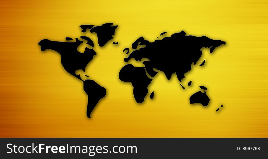 Black silhouette on yellow background, world illustration. Black silhouette on yellow background, world illustration