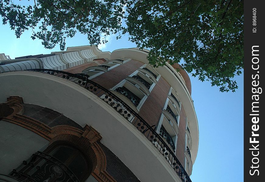 Round building, as seen from street level. Round building, as seen from street level