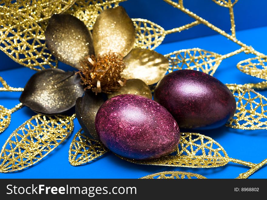Easter eggs with golden flower. Easter eggs with golden flower