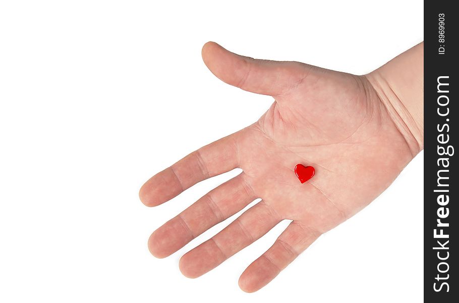 Small heart symbol in man hand over white. Small heart symbol in man hand over white