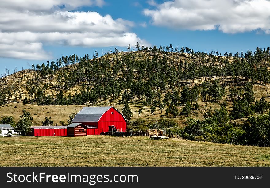 Red barn and farm buildings in grassland next to pine tree covered hillside against blue skies on sunny day. Red barn and farm buildings in grassland next to pine tree covered hillside against blue skies on sunny day.