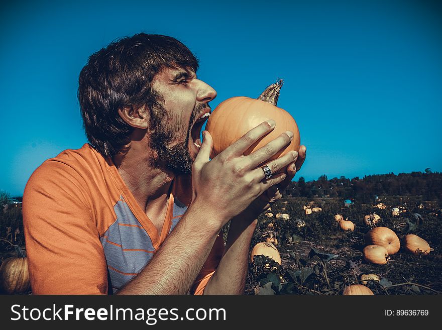 A portrait of a man biting a pumpkin in a field. A portrait of a man biting a pumpkin in a field.