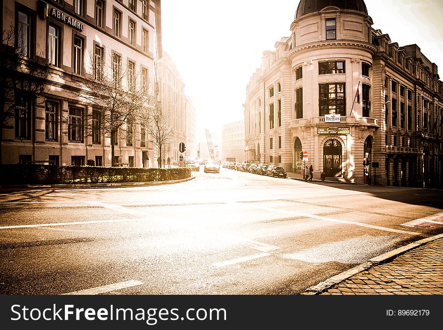 View Of City Street At Sunset