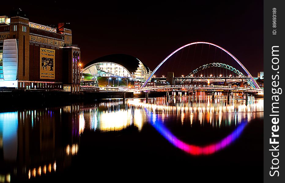 Gateshead, Tyne and Wear, in North East England, United Kingdom at night. Gateshead, Tyne and Wear, in North East England, United Kingdom at night.