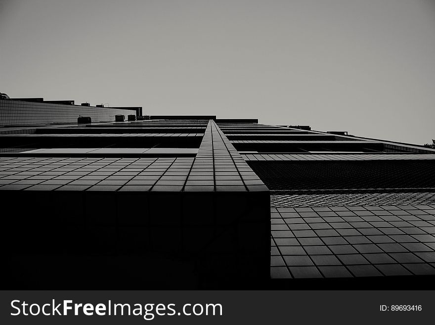 Exterior of modern building in black and white.