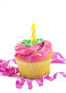 Pink Cupcake With One Candle Stock Images Pink Cupcake With One Candle Stock Images