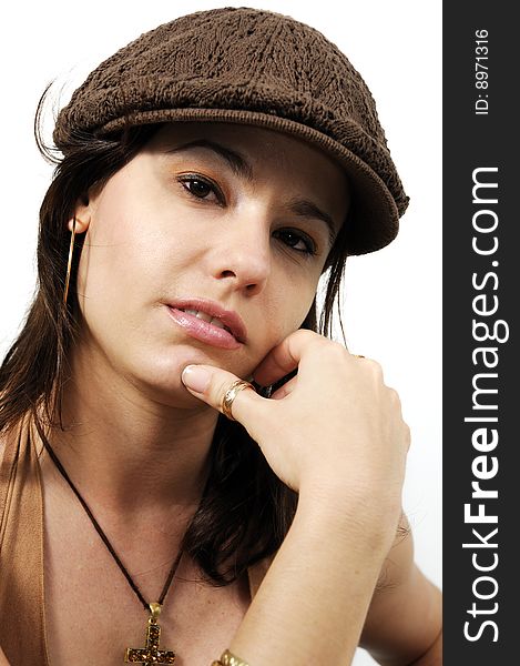 Portrait of young fresh woman wearing a cap - isolated on white