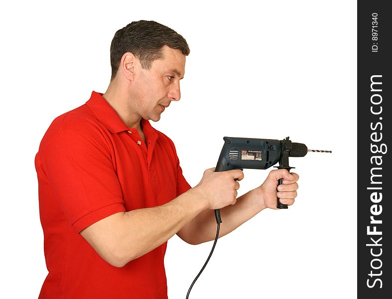 The man holds in a hand a drill separately on a white background. The man holds in a hand a drill separately on a white background