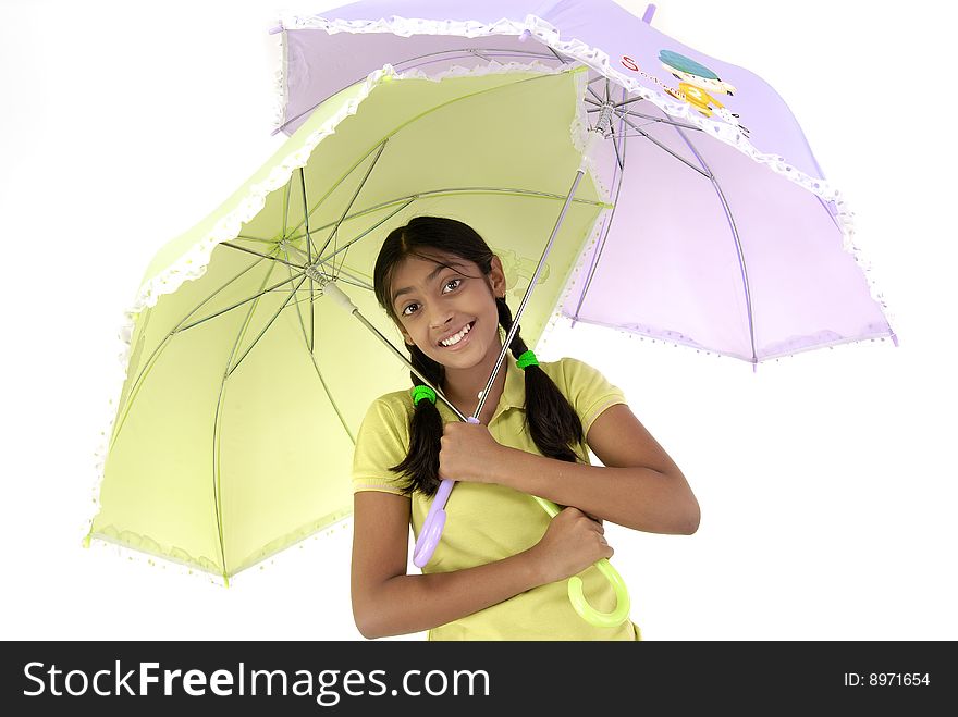 Girl holding green and purple two umbrella. Girl holding green and purple two umbrella