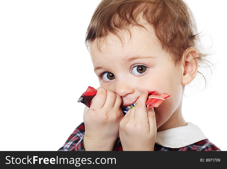 Little girl in checkered dress on white background