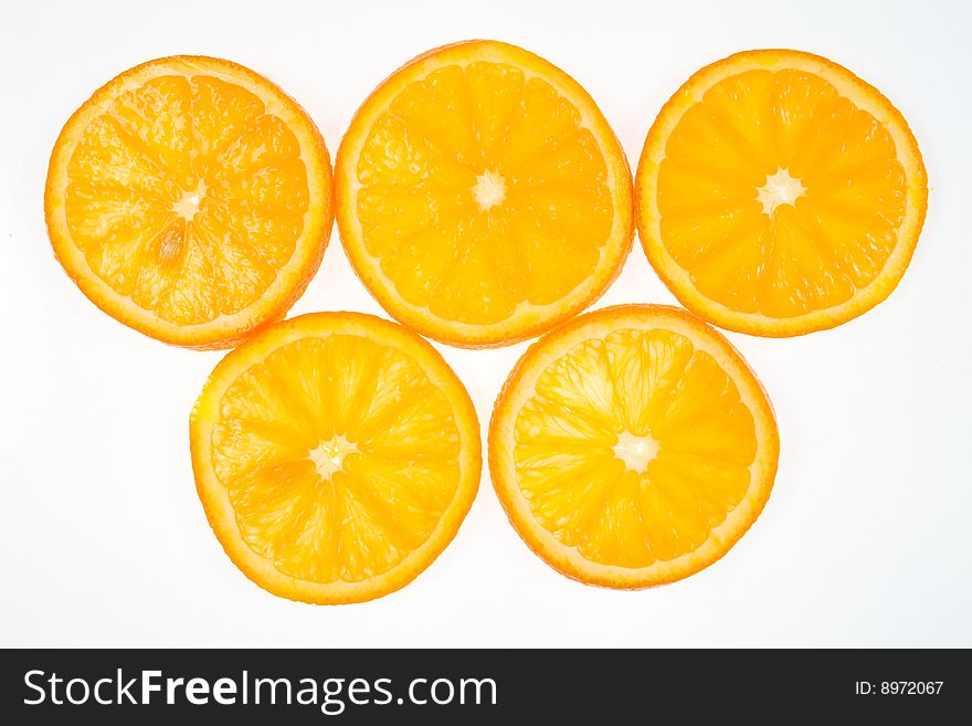 Close up of five orange slices