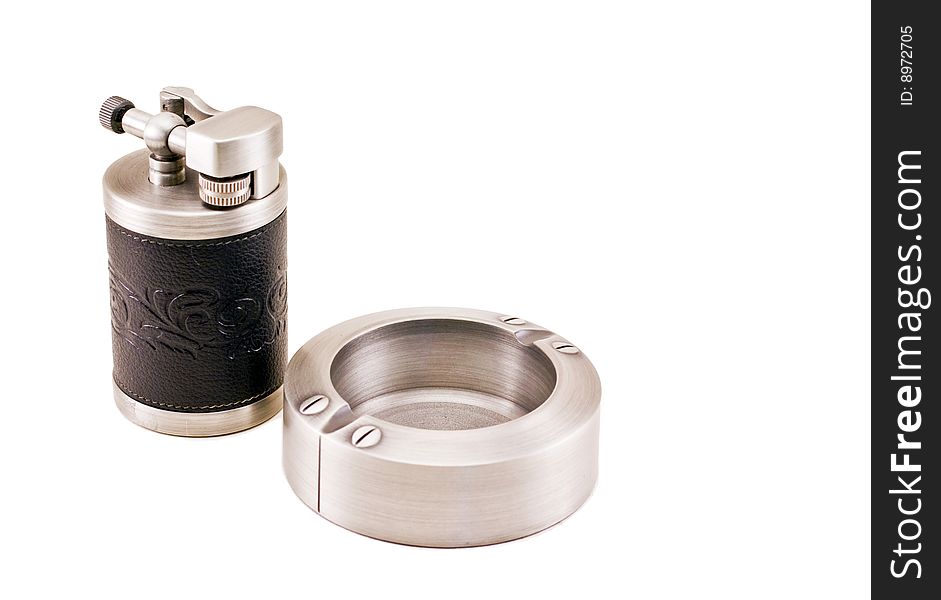 Stylish metallic ashtray and lighter. Stylish metallic ashtray and lighter