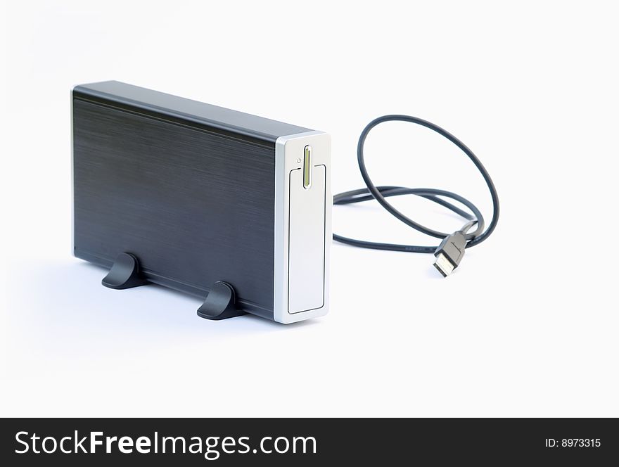 A external hard drive with usb cable on white background