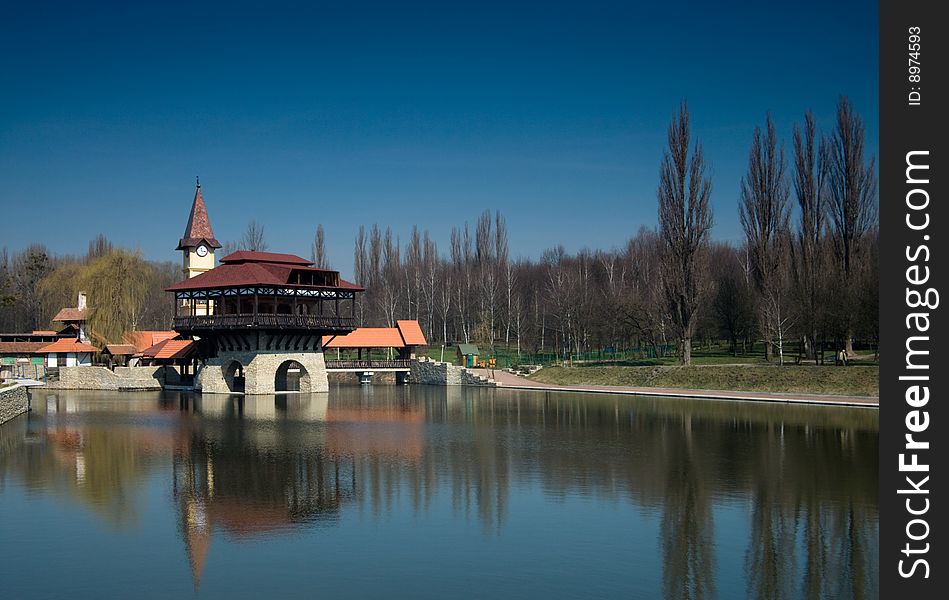 Landscape photo of tower on lake