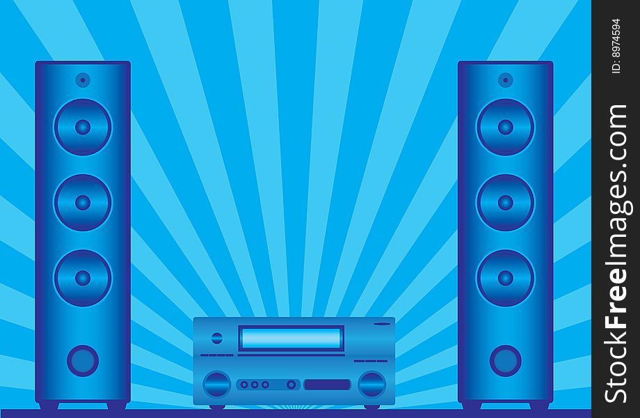 Two loudspeakers and the receiver on a blue background