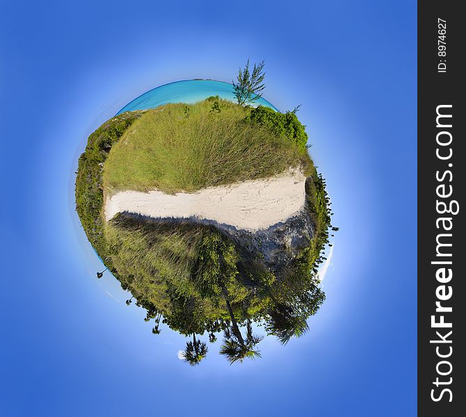 Tropical beach paradise in a sphere over blue. Tropical beach paradise in a sphere over blue