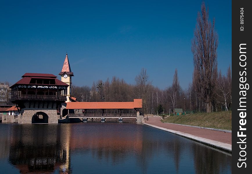 Landscape photo of tower on lake