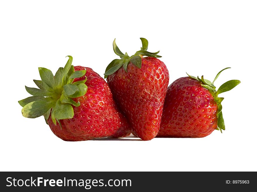 Three red strawberry isolated on white background. Three red strawberry isolated on white background