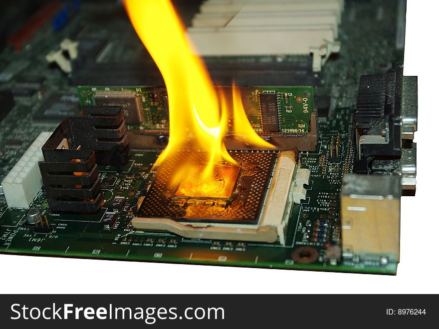 Burning processor on green motherboard