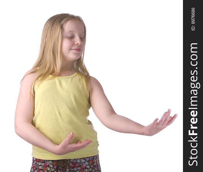 Girl dancing with hand movements isolated on a white background